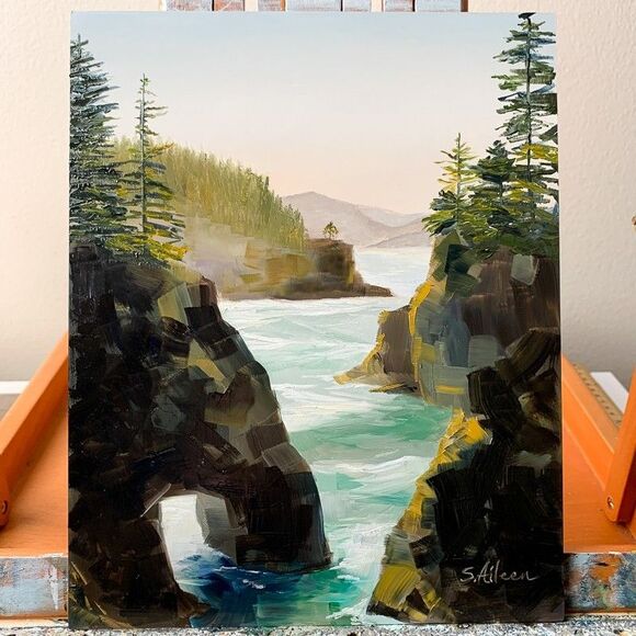 Original Oil Painting Seascape Oregon Coast Rock Natural Bridges 8x10" Signed - Picture 2 of 7